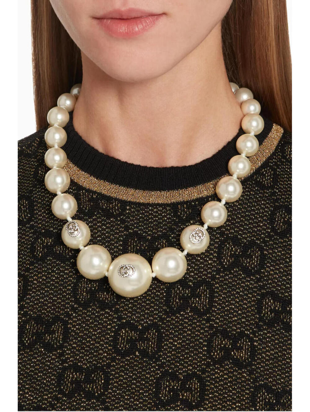 Gucci Pearl GG Logo Necklace with Crystal Strawberry Clasp, New W/Defects, J92